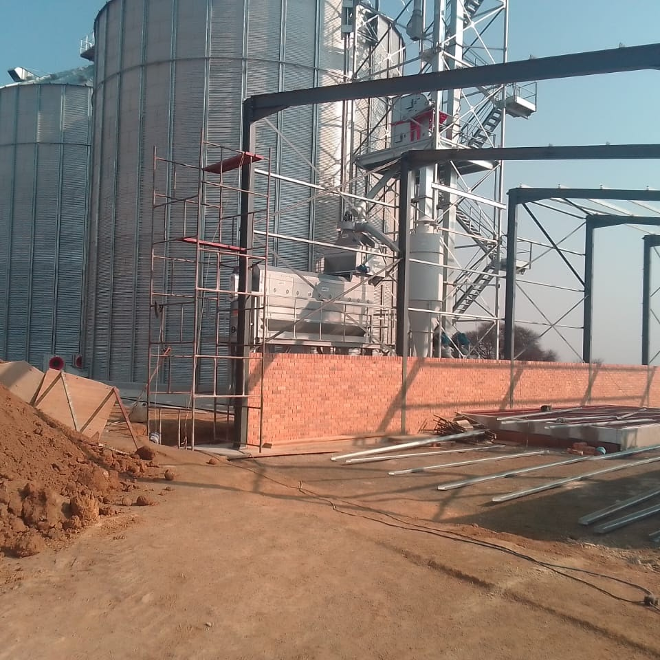 Grain-handling equipment, silos and structural steel frame under construction in Koppies
