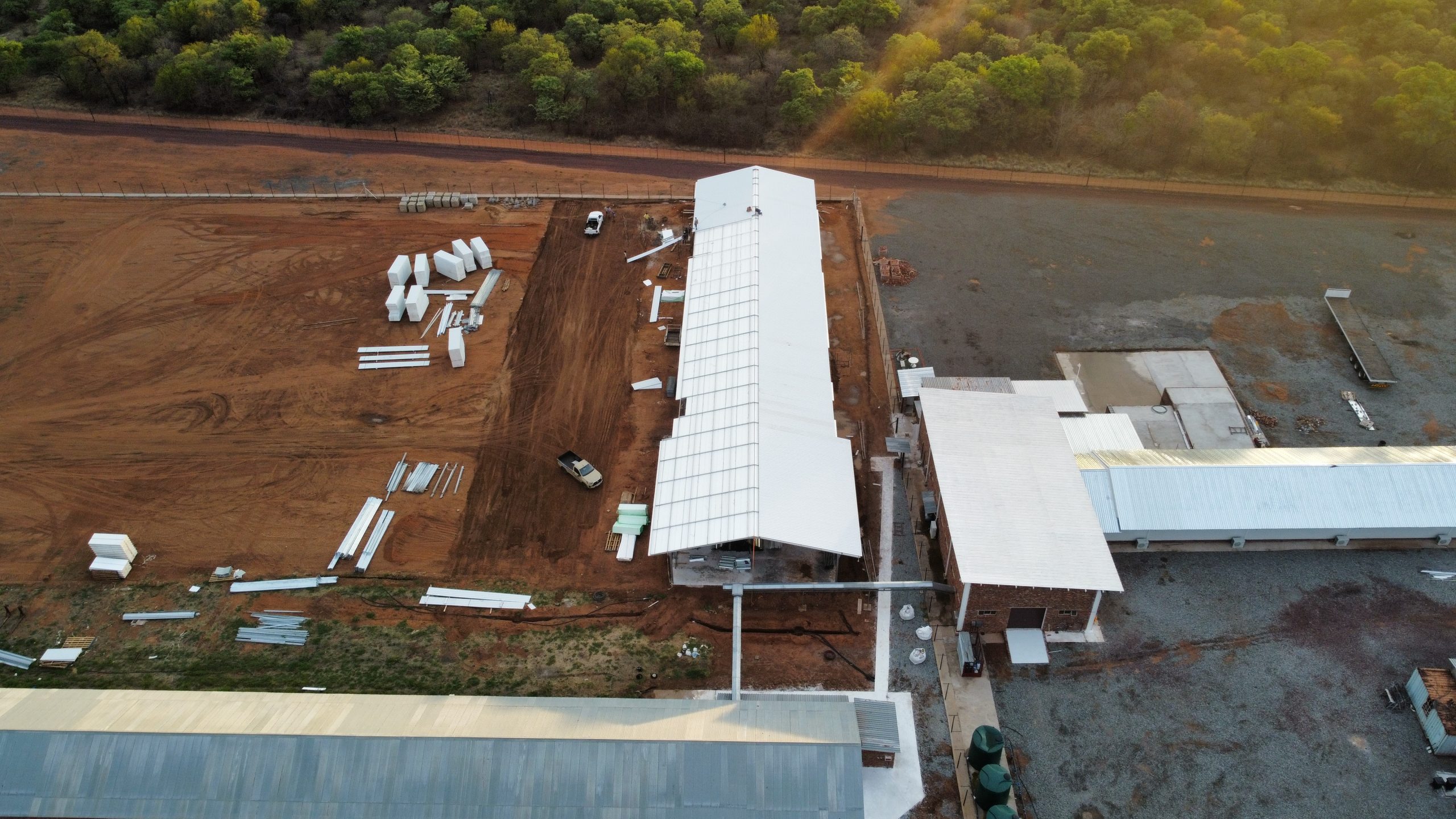 Aerial construction progress of an insulated agricultural chicken house
